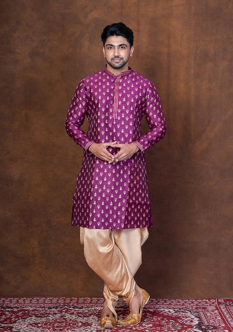 Purple Embroidered Dupion Kurta Patiala Set For Men
