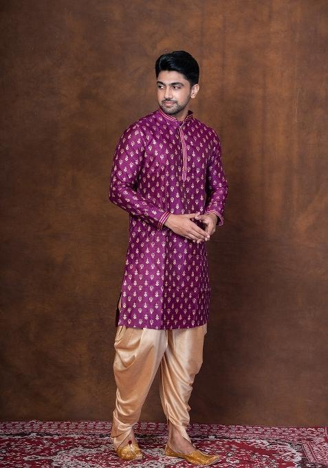 Purple Embroidered Dupion Kurta Patiala Set For Men