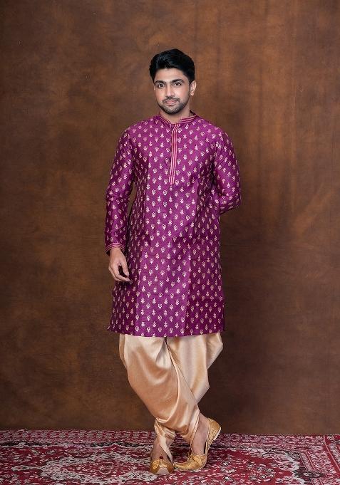 Purple Embroidered Dupion Kurta Patiala Set For Men