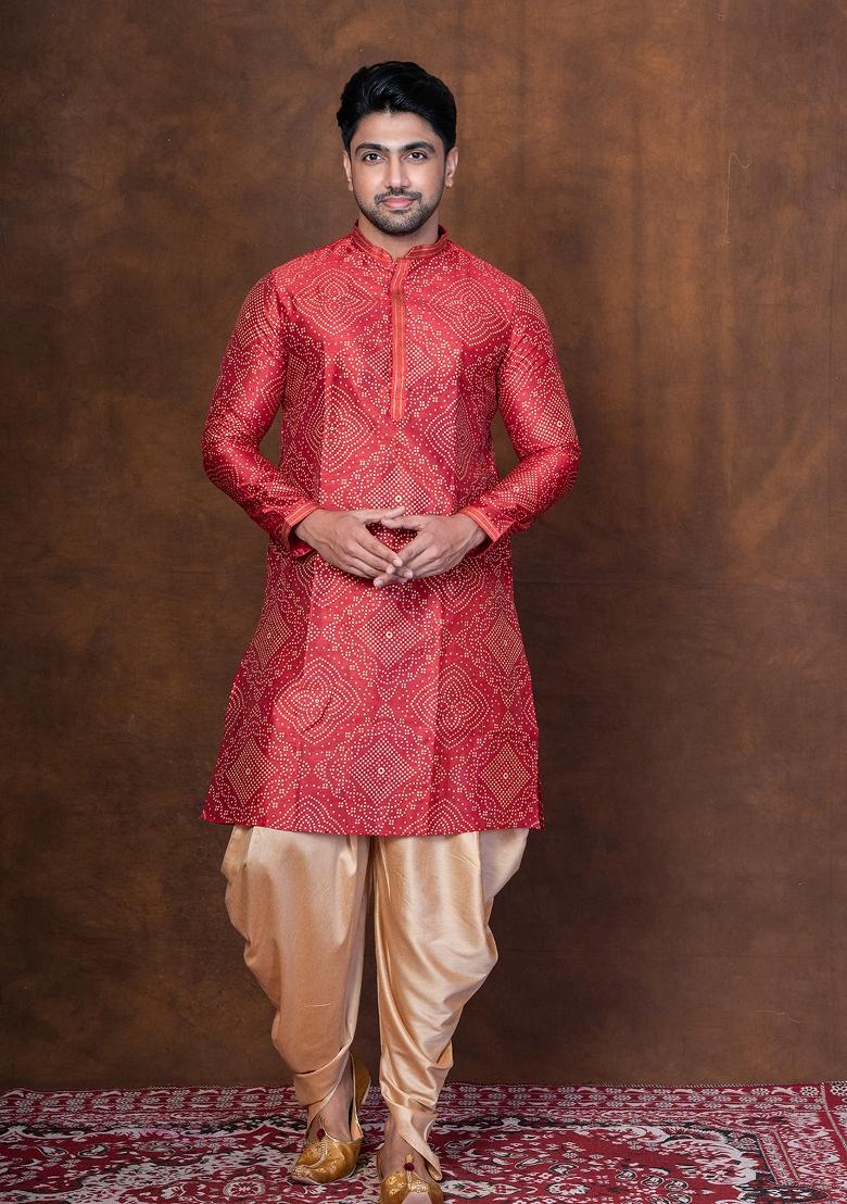 Red Embroidered Dupion Kurta Patiala Set For Men