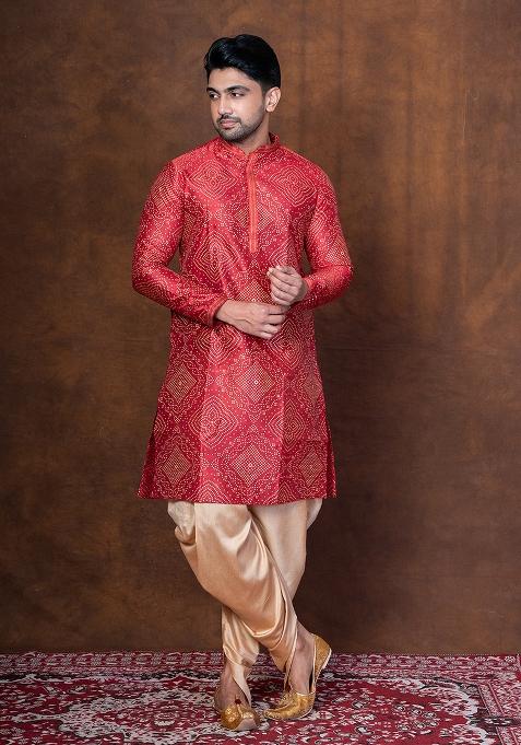 Red Embroidered Dupion Kurta Patiala Set For Men
