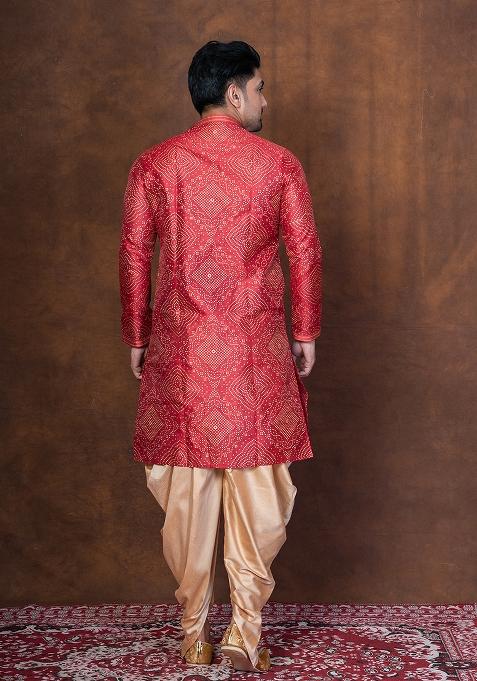 Red Embroidered Dupion Kurta Patiala Set For Men