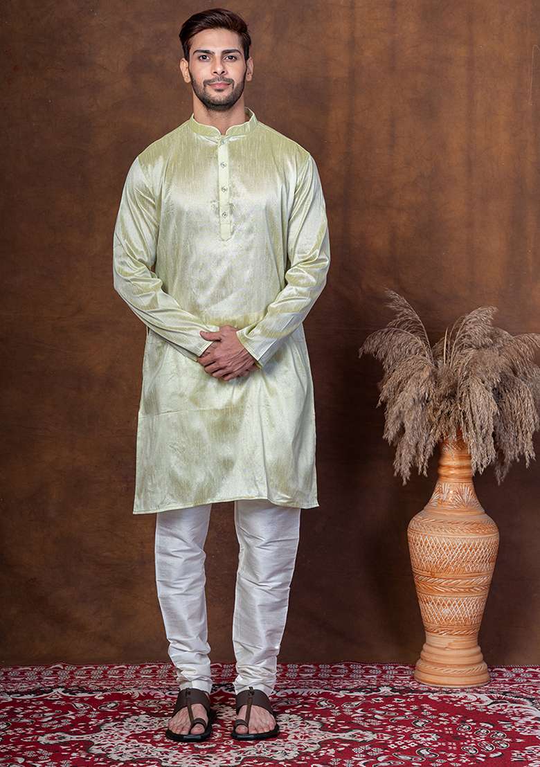 Green Solid Dupion Kurta For Men - Indya