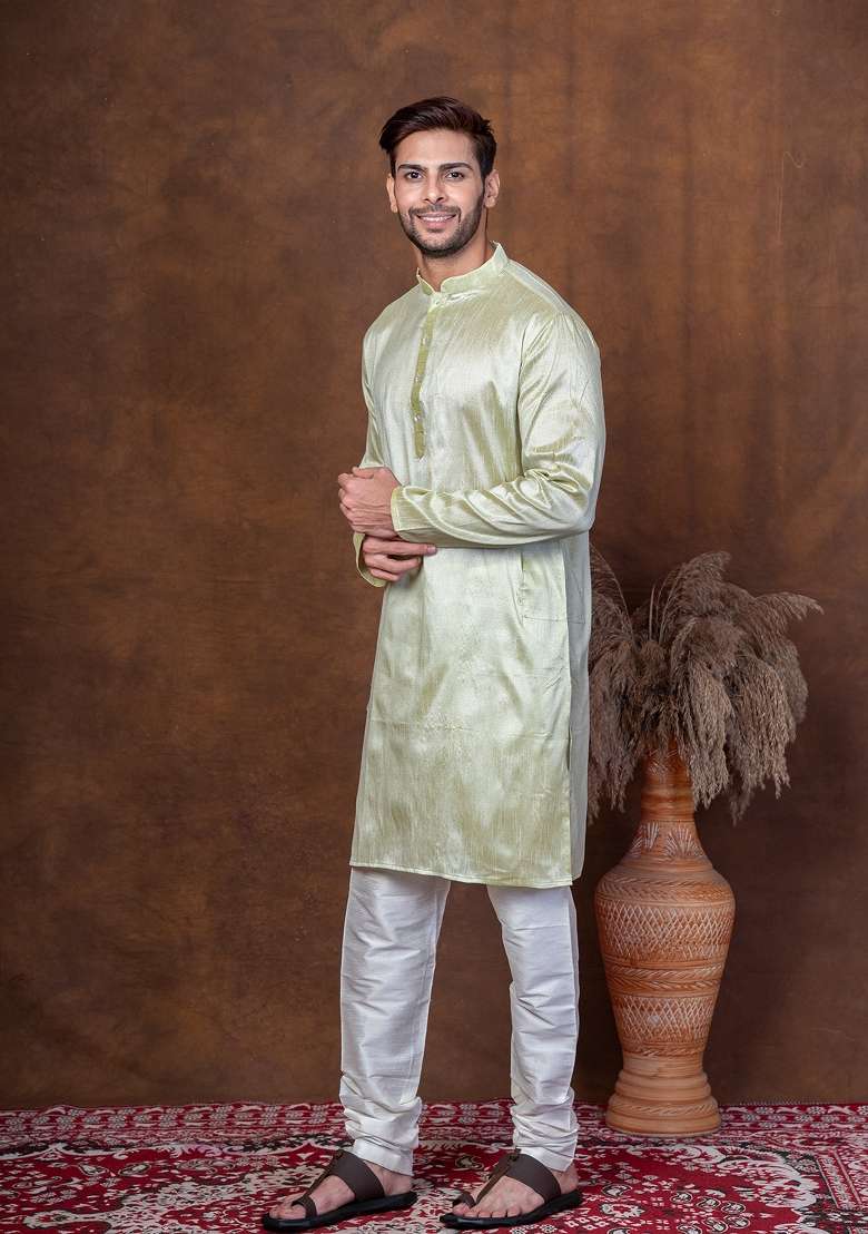 Green Solid Dupion Kurta For Men - Indya