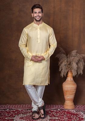 Yellow Solid Dupion Kurta For Men