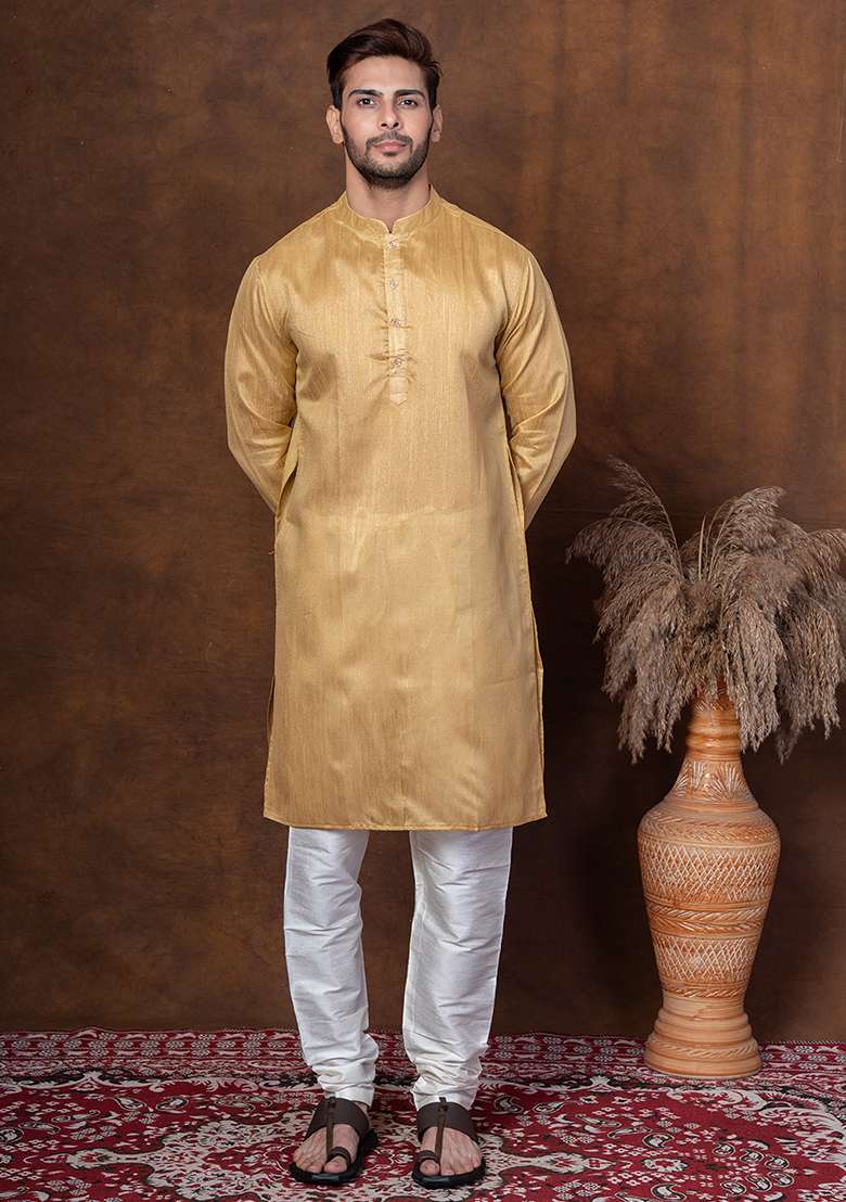 Beige Solid Dupion Kurta For Men - Indya
