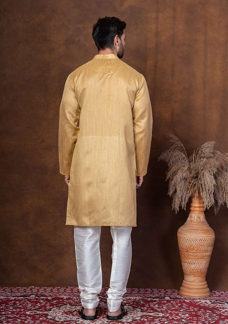 Beige Solid Dupion Kurta For Men - Indya