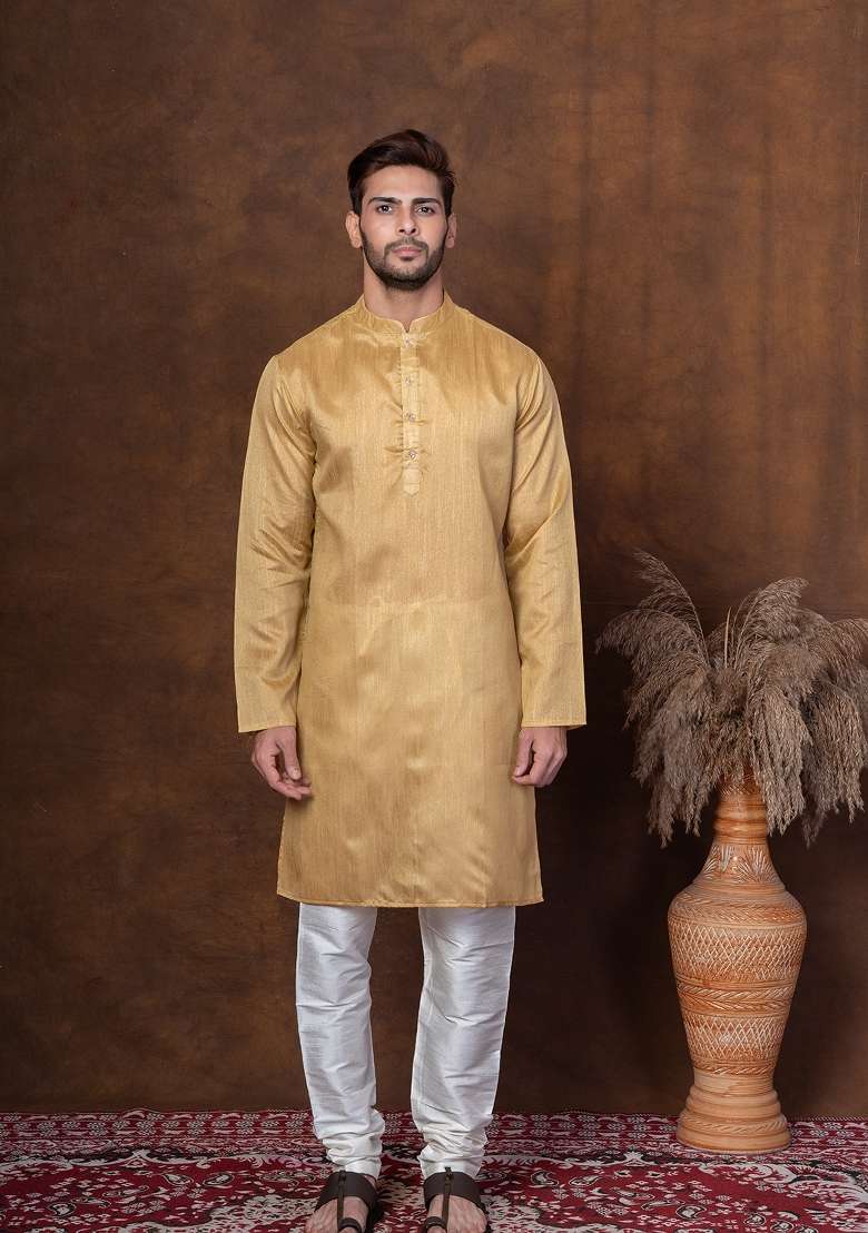 Beige Solid Dupion Kurta For Men - Indya