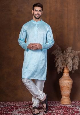 Sku Blue Solid Dupion Kurta For Men