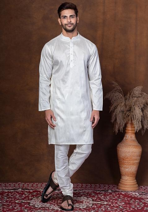 Off White Solid Dupion Kurta For Men