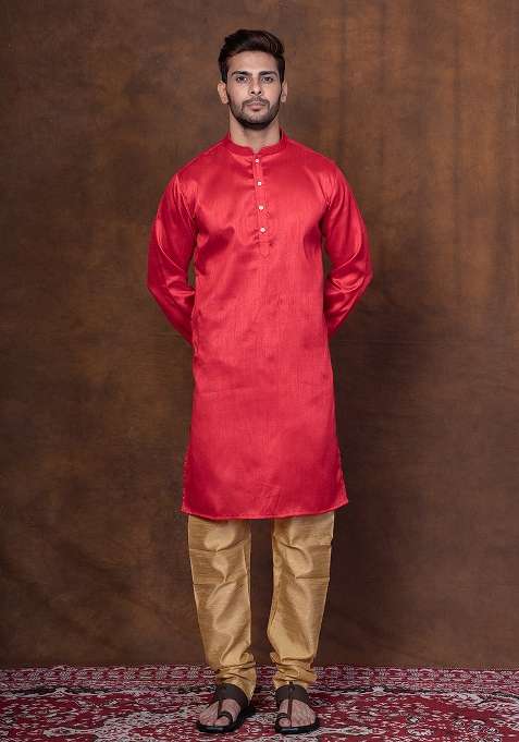 Red Solid Dupion Kurta For Men