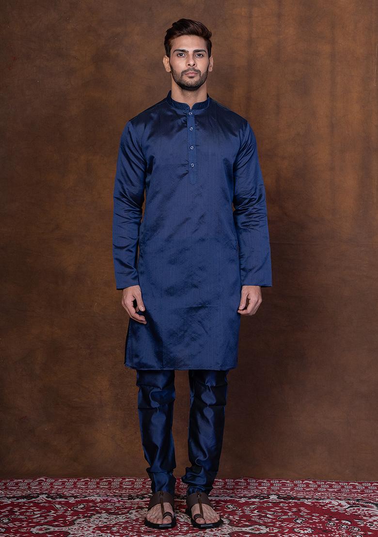 Navy Blue Solid Dupion Kurta For Men - Indya