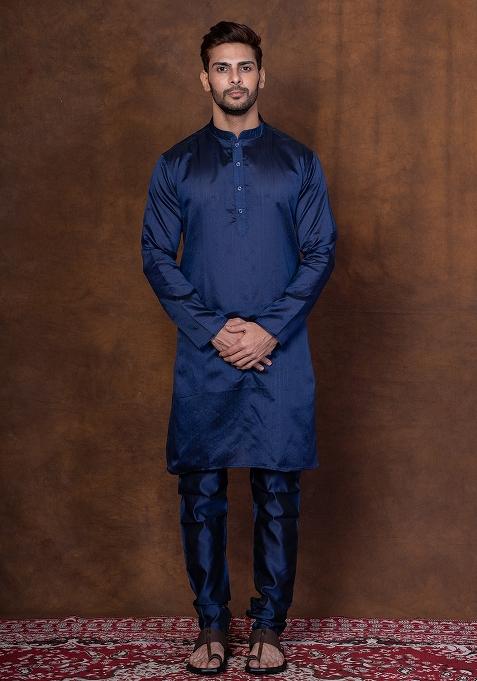 Navy Blue Solid Dupion Kurta For Men