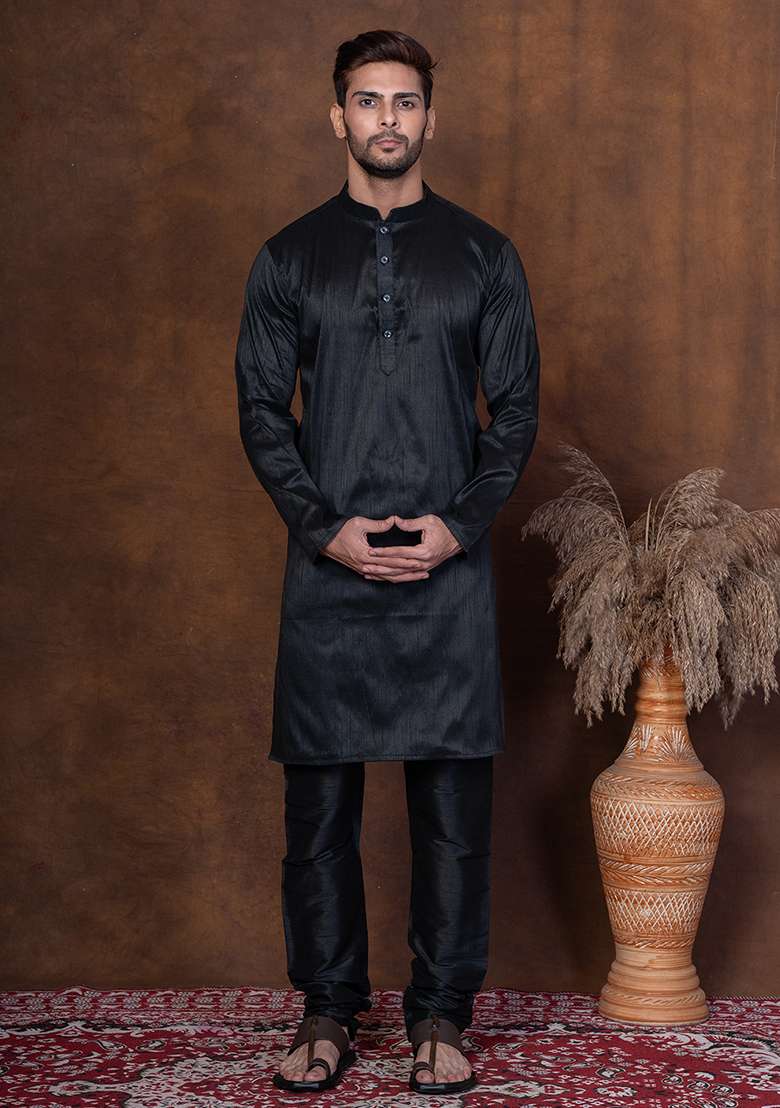 Black Solid Dupion Kurta For Men - Indya
