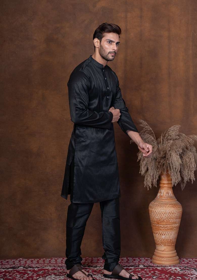 Black Solid Dupion Kurta For Men - Indya