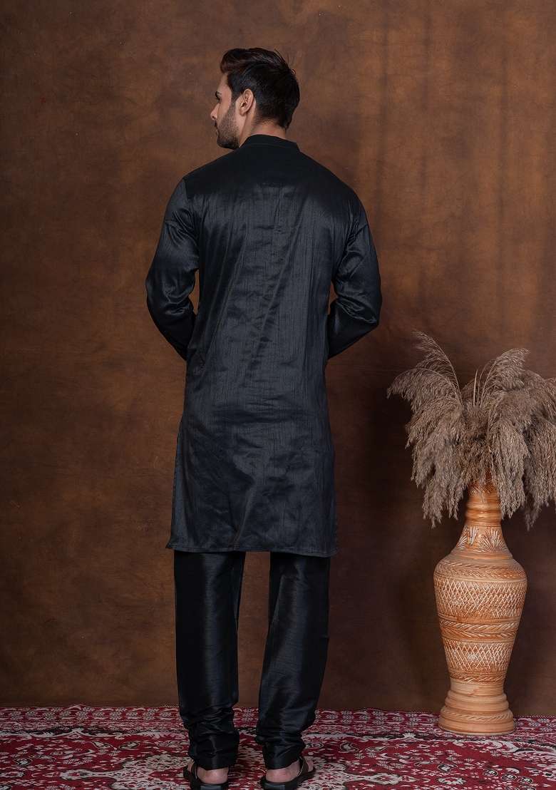 Black Solid Dupion Kurta For Men - Indya