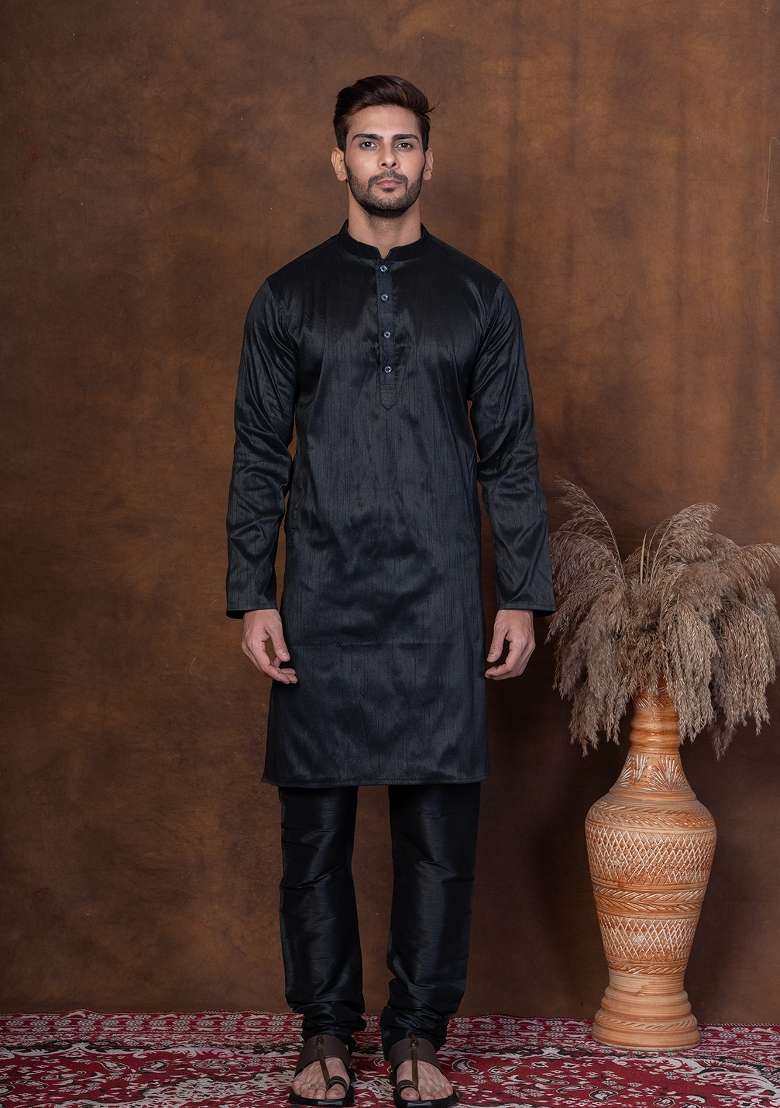 Black Solid Dupion Kurta For Men - Indya