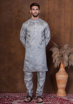 Grey Solid Dupion Kurta For Men