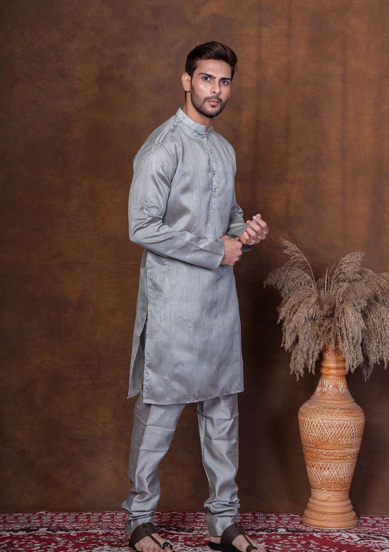 Grey Solid Dupion Kurta For Men - Indya