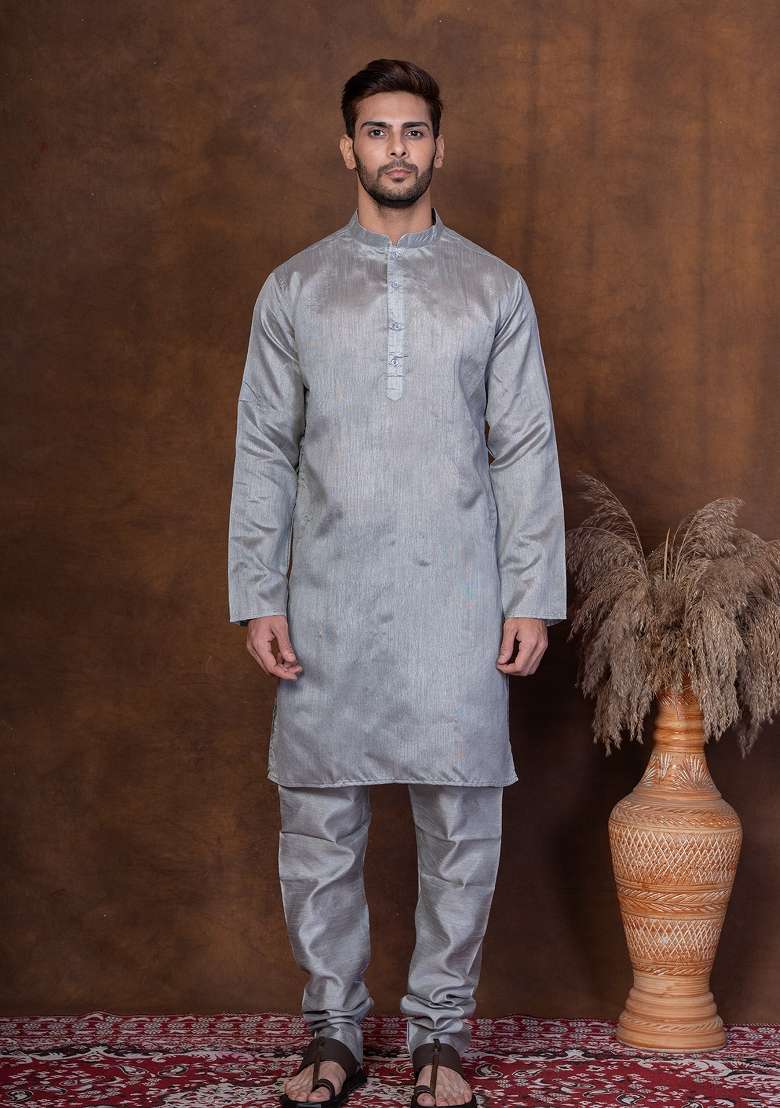 Grey Solid Dupion Kurta For Men - Indya