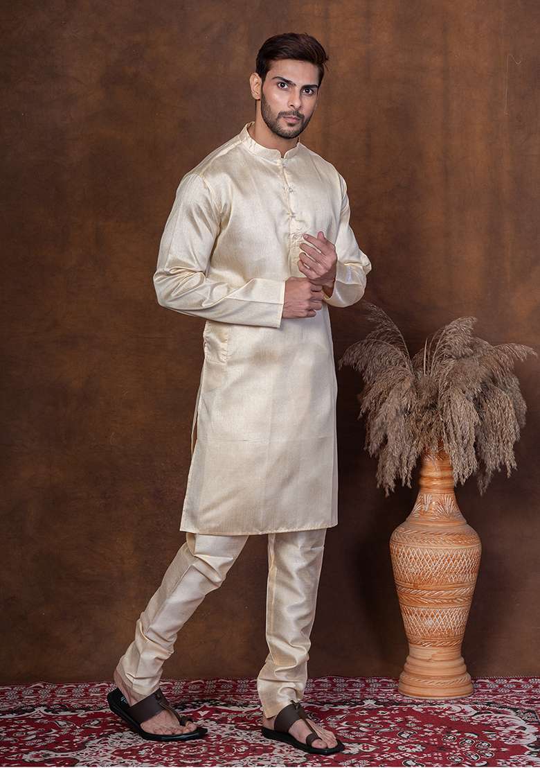 Grey Solid Dupion Kurta For Men - Indya