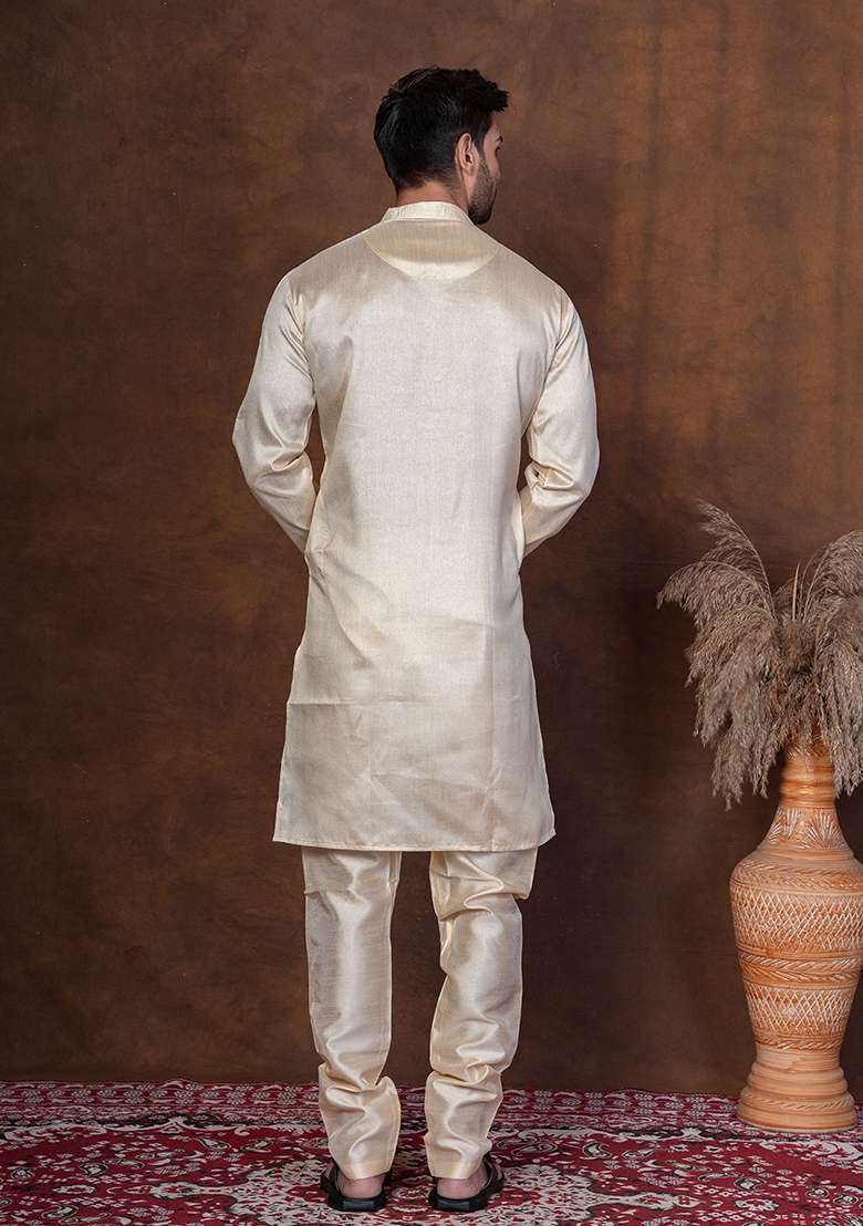 Grey Solid Dupion Kurta For Men - Indya