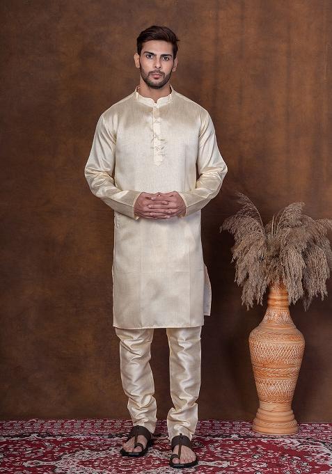 Grey Solid Dupion Kurta For Men