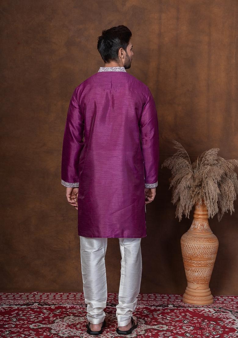 Purple Embroidered Dupion Kurta For Men