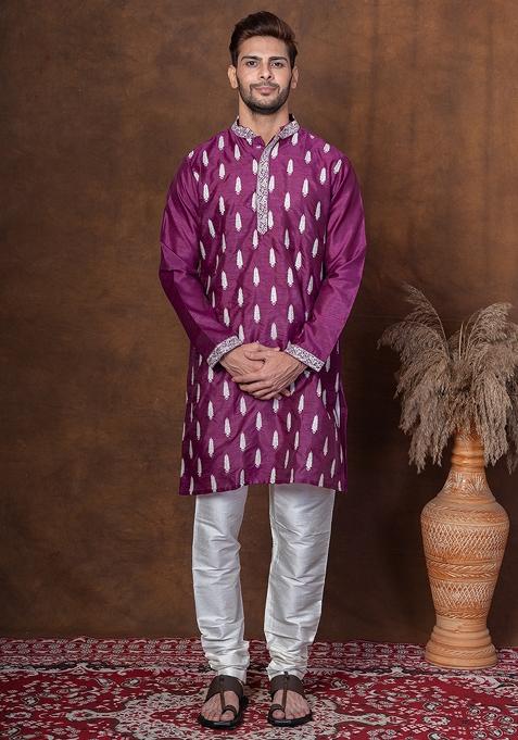 Purple Embroidered Dupion Kurta For Men