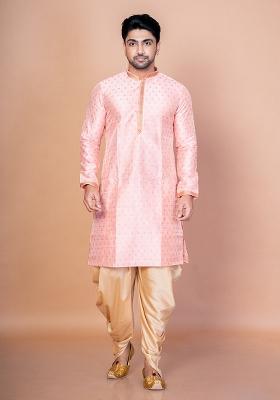 Pink Embroidered Dupion Kurta For Men