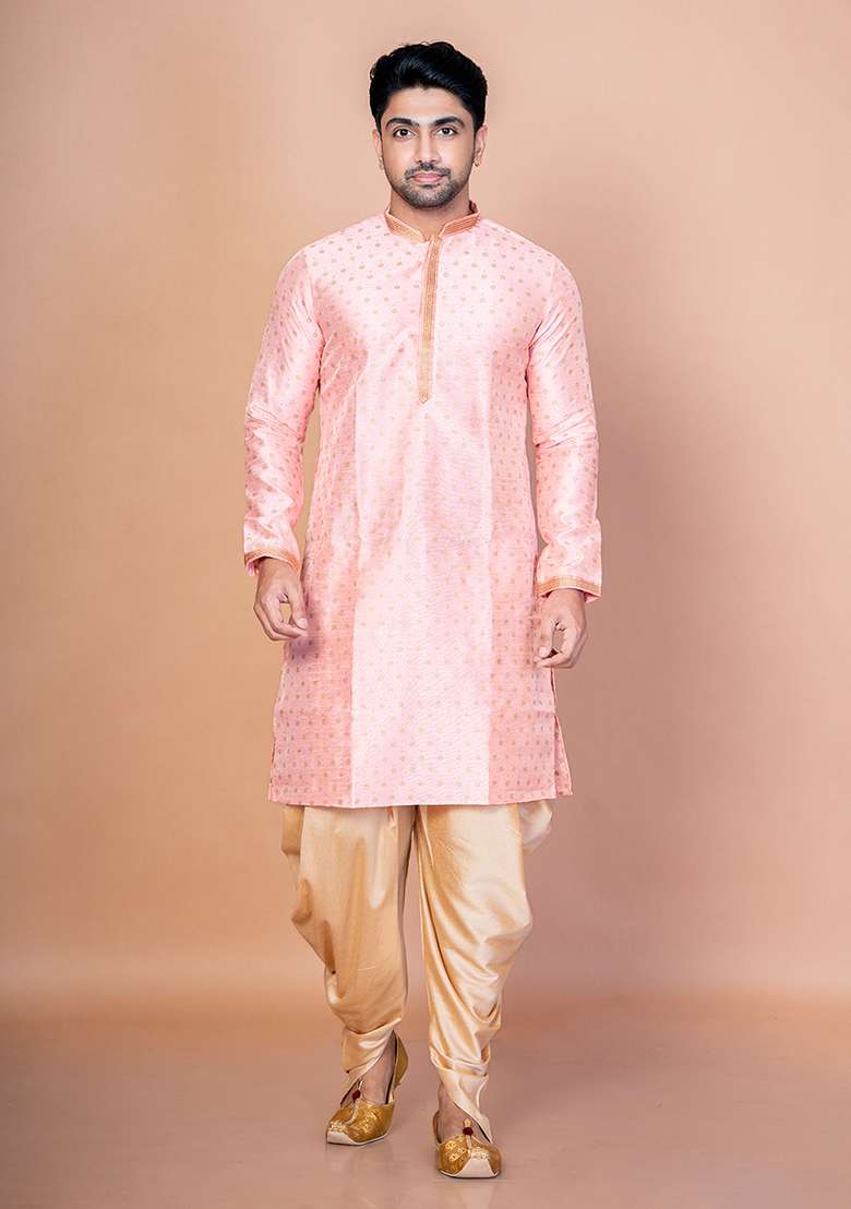 Pink Embroidered Dupion Kurta For Men - Indya