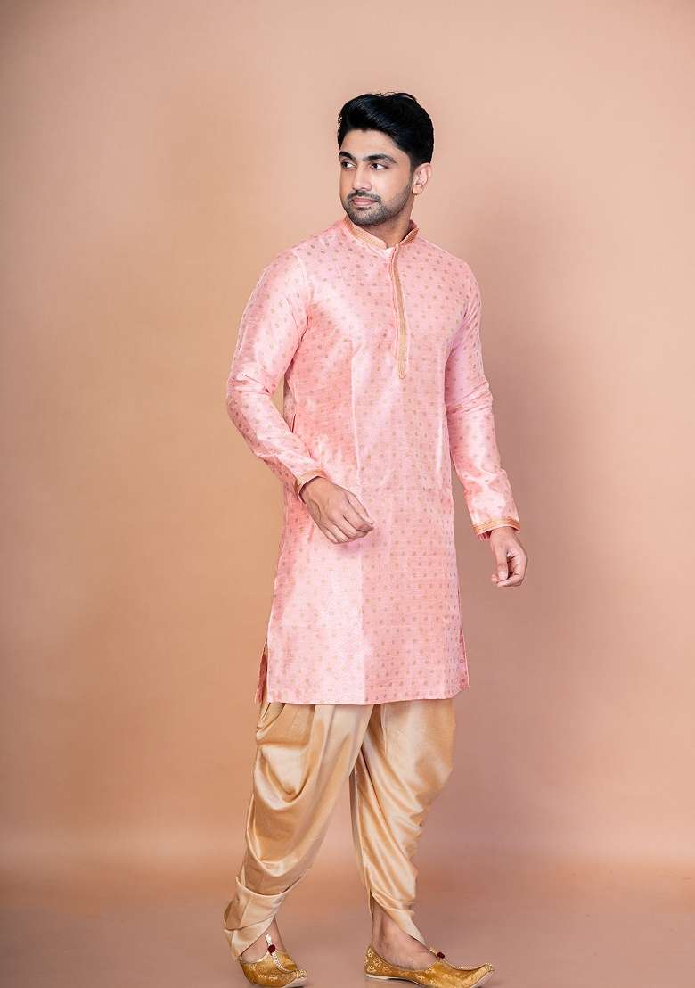 Pink Embroidered Dupion Kurta For Men - Indya