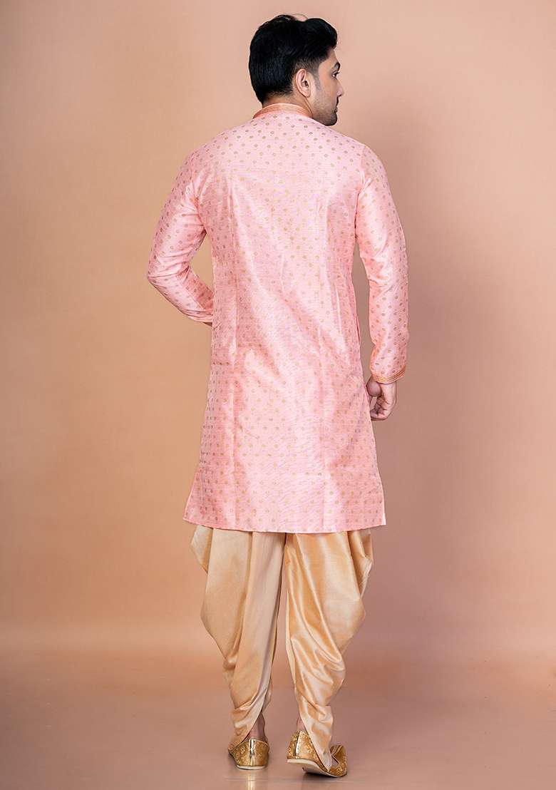 Pink Embroidered Dupion Kurta For Men - Indya