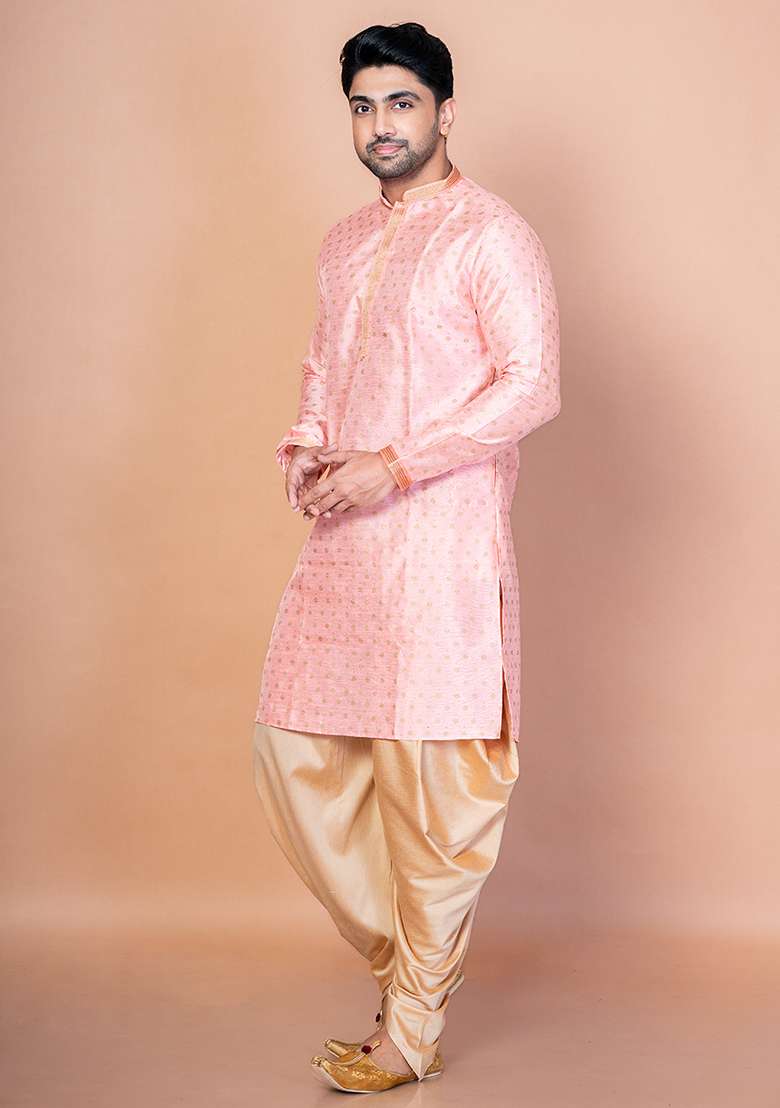 Pink Embroidered Dupion Kurta For Men - Indya