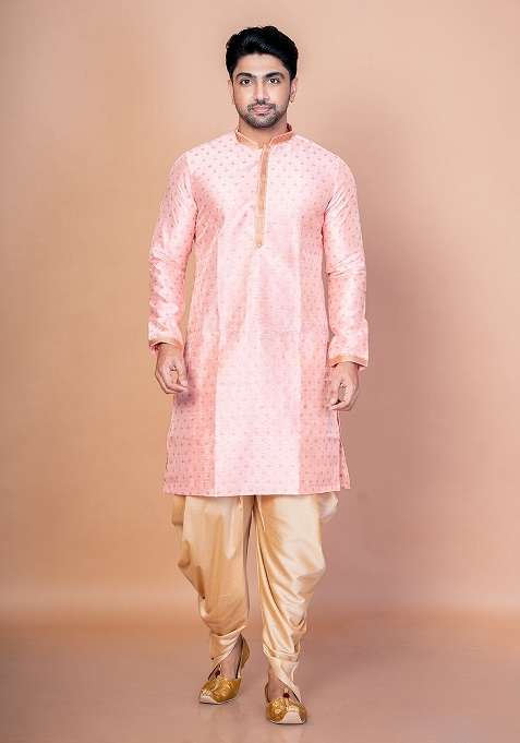 Pink Embroidered Dupion Kurta For Men
