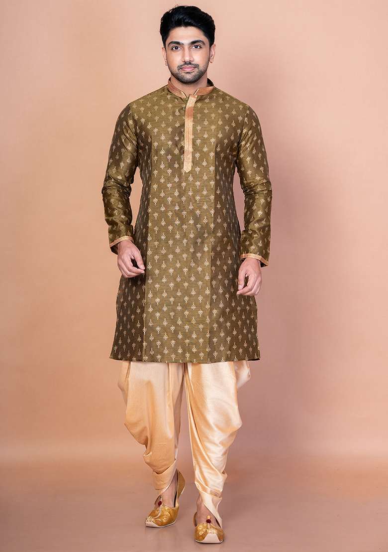 Green Embroidered Dupion Kurta For Men - Indya