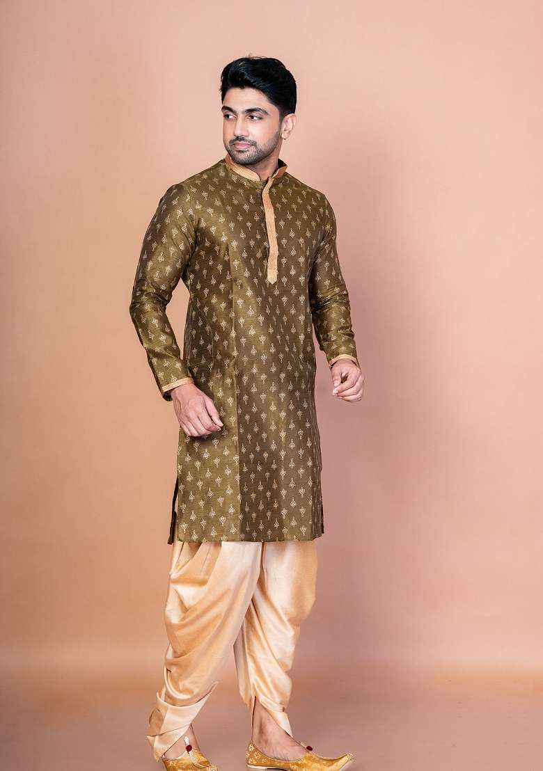 Green Embroidered Dupion Kurta For Men - Indya