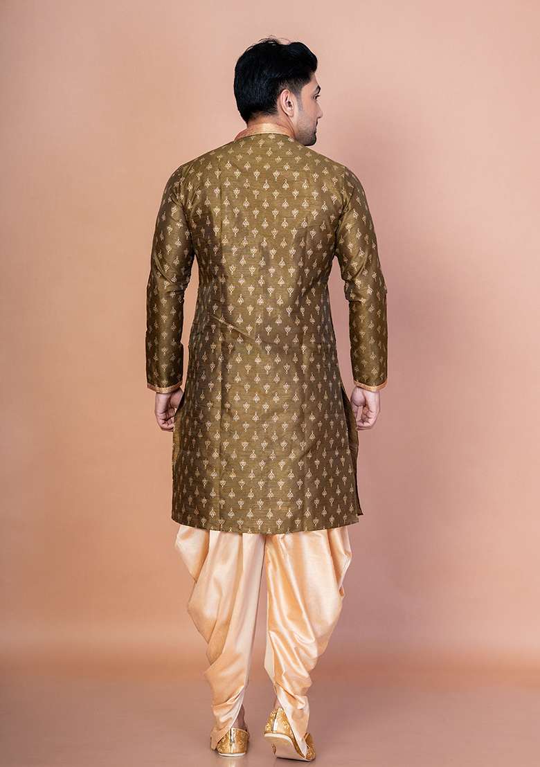 Green Embroidered Dupion Kurta For Men - Indya