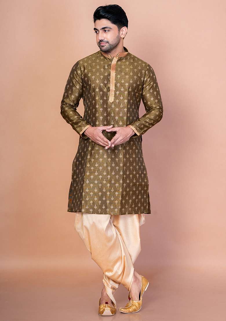 Green Embroidered Dupion Kurta For Men - Indya