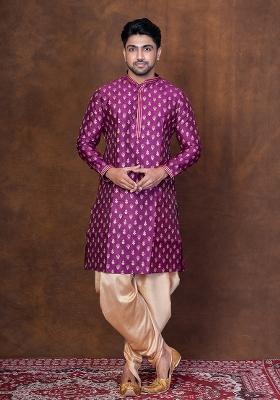 Purple Embroidered Dupion Kurta For Men