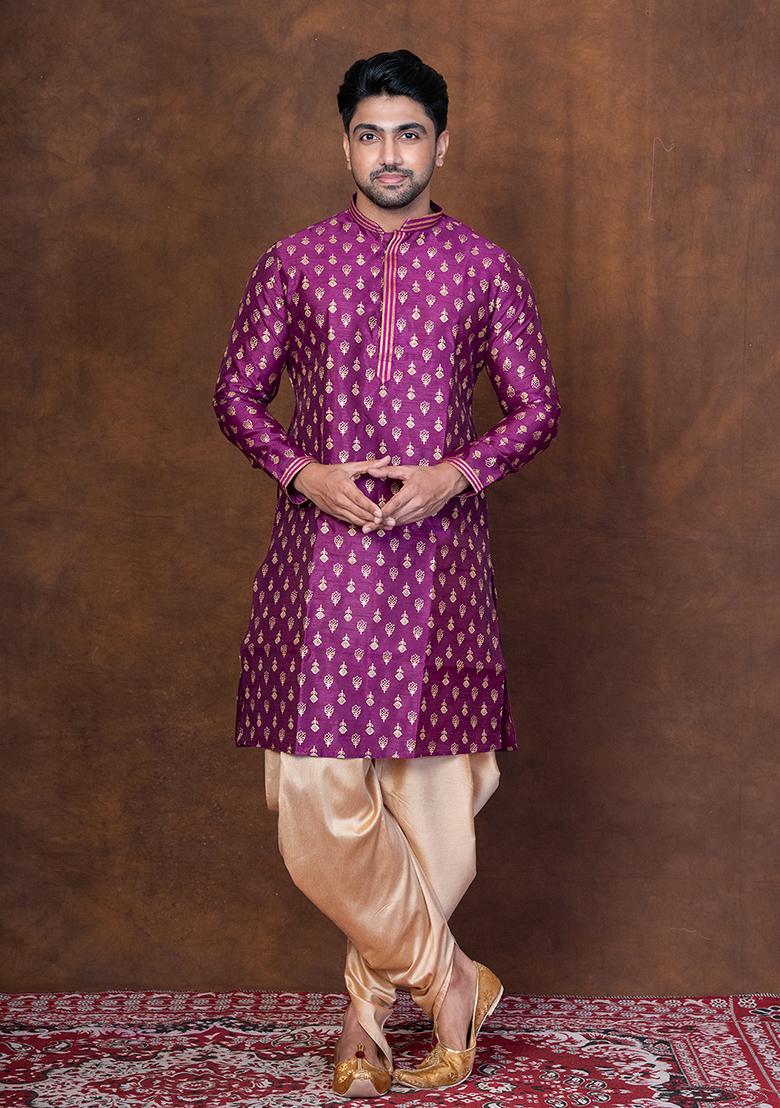 Purple Embroidered Dupion Kurta For Men