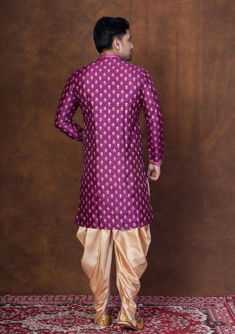 Purple Embroidered Dupion Kurta For Men