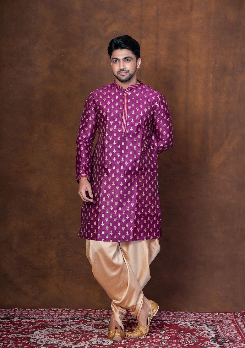 Purple Embroidered Dupion Kurta For Men