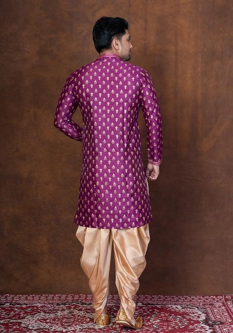 Purple Embroidered Dupion Kurta For Men
