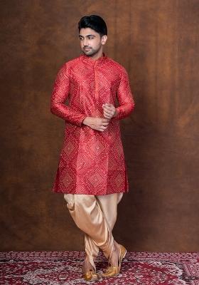 Red Embroidered Dupion Kurta For Men