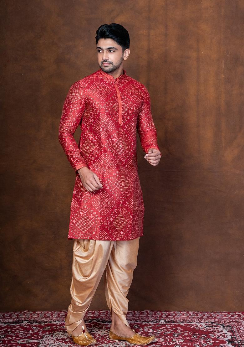 Red Embroidered Dupion Kurta For Men