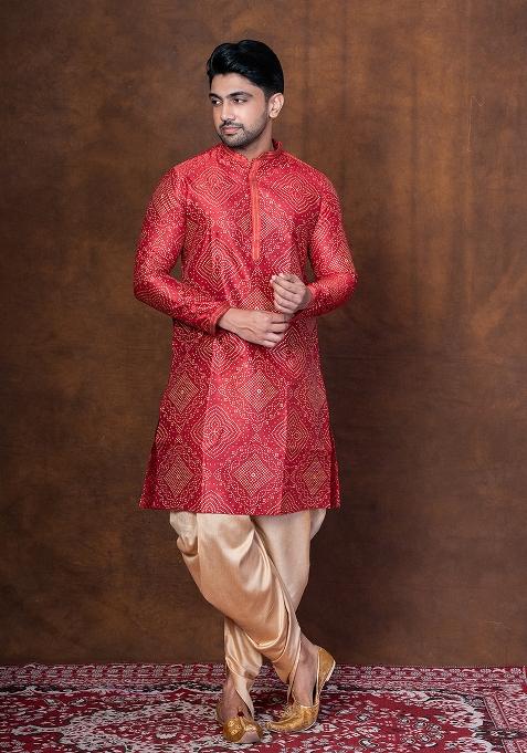 Red Embroidered Dupion Kurta For Men