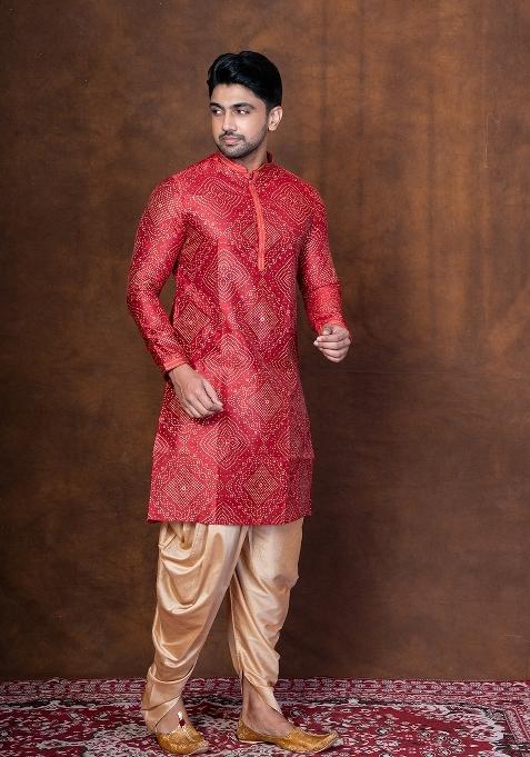 Red Embroidered Dupion Kurta For Men