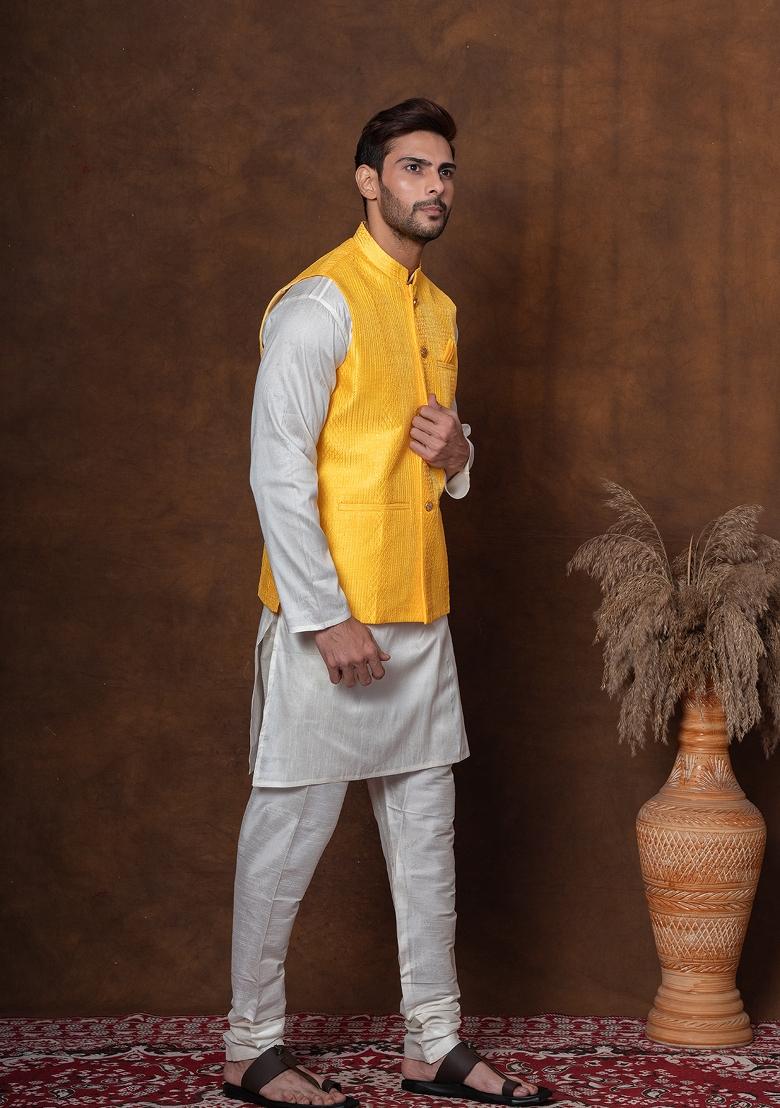 Golden Embroidered Silk Blend Kurta Jacket Churidar Set For Men