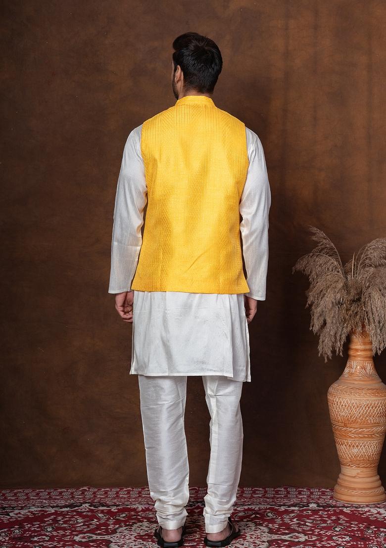 Golden Embroidered Silk Blend Kurta Jacket Churidar Set For Men